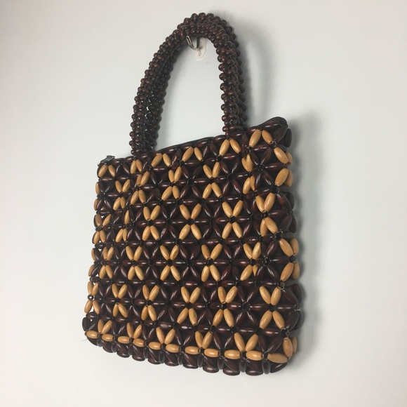 Brown Natural Stained Wooden Bead Bag Purse Boho Retro - Picture 3 of 9